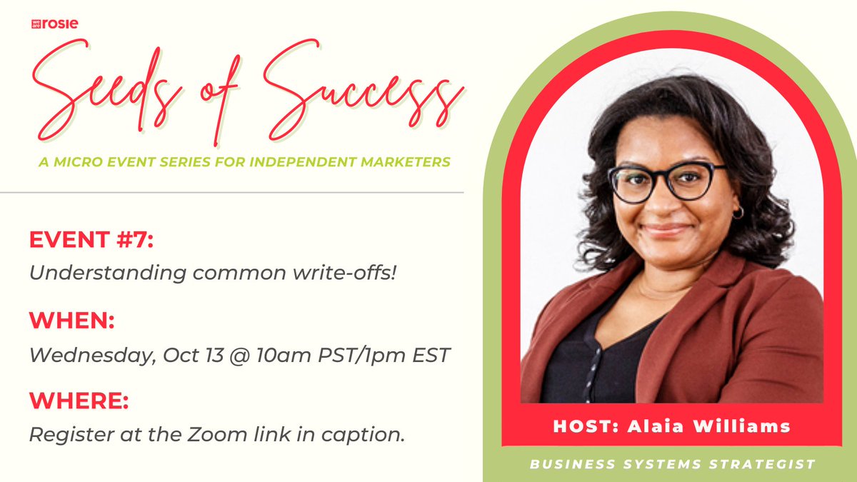 we_are_rosie's tweet photo. Our 7th Seeds of Success event is all about common tax write-offs! 🌱

It's true freelancing provides flexibility &amp; independence, but it also means increased tax preparation burden. That's why host @AlaiaWilliams will help explain it all. Register today: https://t.co/n0yMqsVJrO https://t.co/CkHSLZl4yL