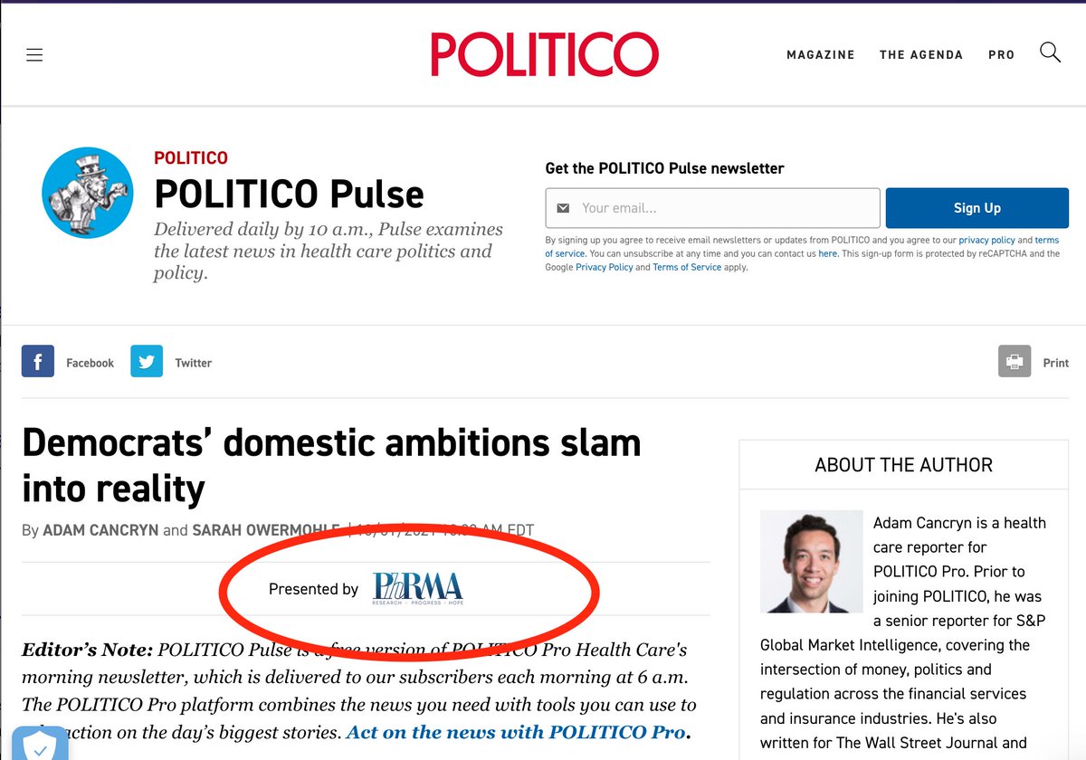 AlanRMacLeod's tweet photo. Politico's defense newsletter is sponsored by Lockheed Martin, its health newsletter by a private pharma group, its tech one by Comcast and its prescription medication one by a lobbying group dedicated to opposing Medicare for All.

How can this be taking seriously as journalism? https://t.co/3huXzS90sd