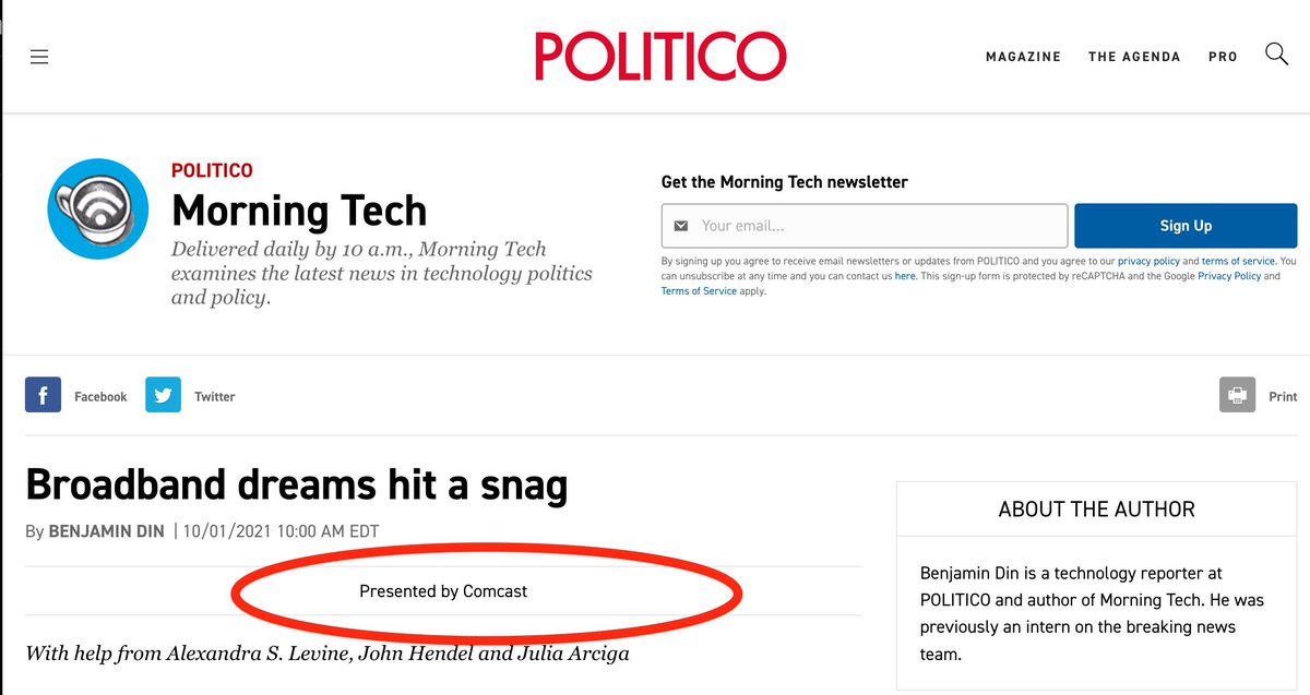AlanRMacLeod's tweet photo. Politico's defense newsletter is sponsored by Lockheed Martin, its health newsletter by a private pharma group, its tech one by Comcast and its prescription medication one by a lobbying group dedicated to opposing Medicare for All.

How can this be taking seriously as journalism? https://t.co/3huXzS90sd