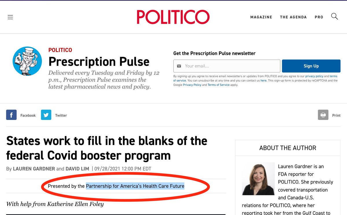 Politico's defense newsletter is sponsored by Lockheed Martin, its health newsletter by a private pharma group, its tech one by Comcast and its prescription medication one by a lobbying group dedicated to opposing Medicare for All.

How can this be taking seriously as journalism?