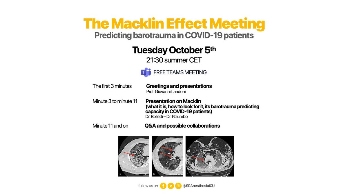 SRAnesthesiaICU's tweet photo. On Tuesday 5th at 21:30 CET we’ll present in 8 min a novel predictor of barotrauma in invasively ventilated #COVID19 pts: the Macklin sign at lung CT scan can predict barotrauma 1 week before chest X-ray and clinical appearance.

➡️ DM to get the link

https://t.co/Hr4oVAzGuJ https://t.co/gW93YiPTXO