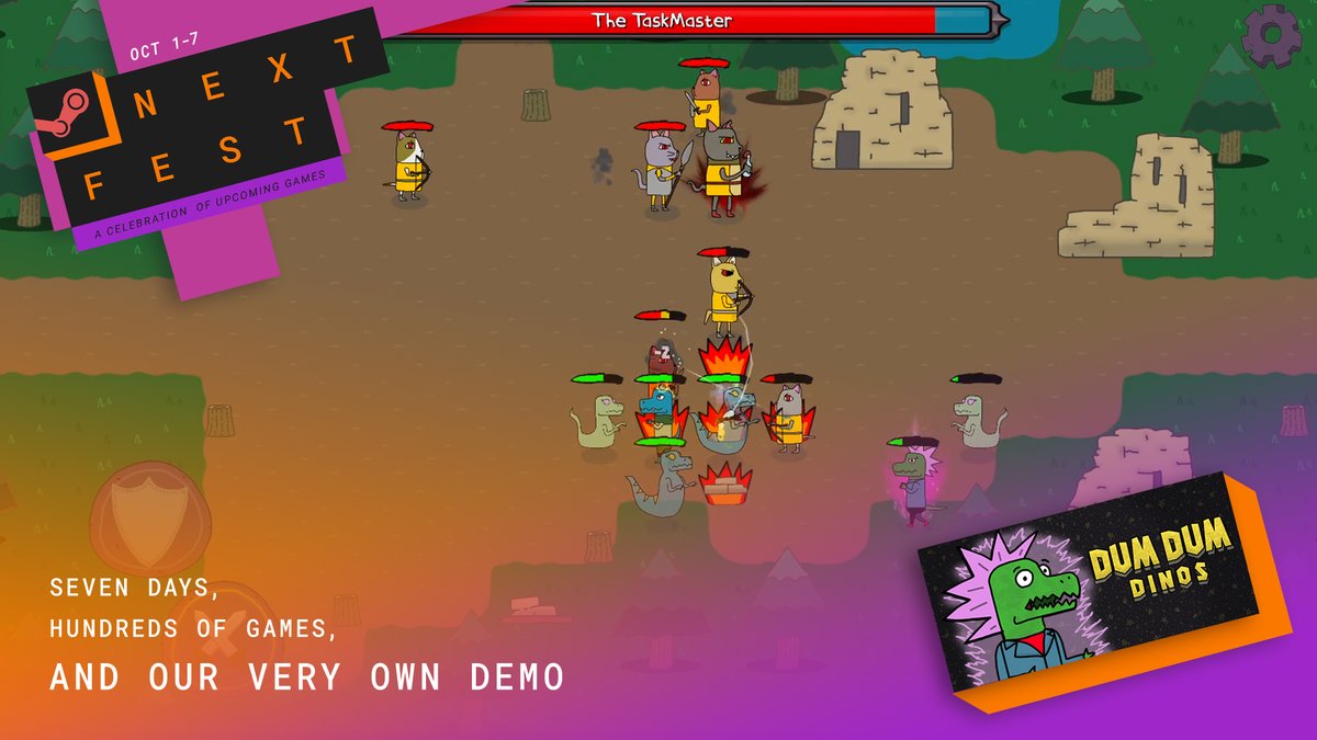 SingingCrowsInc's tweet photo. 🎺🎶 We are excited to announce that Dum Dum Dinos is joining the #SteamNextFest celebration with a brand-new, updated demo~

Help Tyson fight through hordes of evil cats… before it’s too late and the cat army is upon us 🙀 

⪢Try the demo now: https://t.co/xv1yuTGsvZ https://t.co/LJUn61RFA9