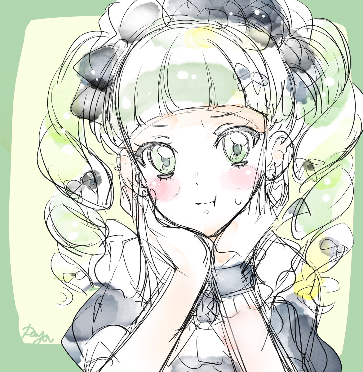 toudou yurika 1girl solo sketch hands on own cheeks blush hands on own face drill hair  illustration images