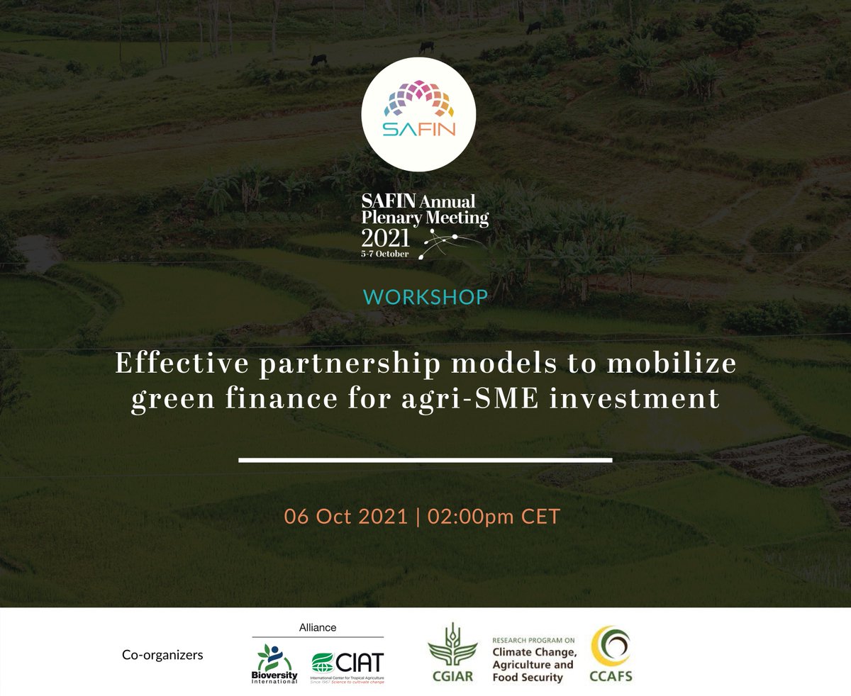 Join SAFIN on October 6th for in-depth sessions on #greenfinance for agri-SMEs with a focus on scaling and partnerships. We'll be hearing from a huge range of experts from <a href="/CGIAR/">CGIAR</a> <a href="/PalladiumImpact/">Palladium</a> <a href="/IUCN/">IUCN</a>, <a href="/goldstandard/">Gold Standard</a> @responsAbility_ @GIZ_gmbh and others.

bit.ly/39XmqMU