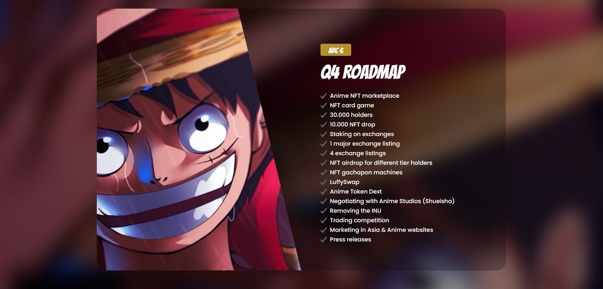 luffyinutoken's tweet photo. We are presenting our updated roadmap of $LUFFY for Q4 2021. Quarter roadmaps are better to accomplish all our goals! 

We won't stop, october will be great but it will be better in the next months ;)

#STRAWHATS #LUFFYINU #LUFFY #SAITAMA #LUFFYSWAP #FEG #ETH #BTC #SHIB #KLEE # https://t.co/4fpWGPRmt8
