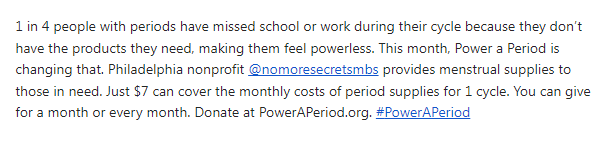 FarFarrAway's tweet photo. Sharing on behalf of the incredible No More Secrets: Mind Body Spirit & the Spot Period Hub, which does incredible work to end period poverty in Philly (you can read about this amazing mother daughter duo here: https://t.co/HZ5JB3Ak3V
#PowerAPeriod https://t.co/fFEplrjGSr
