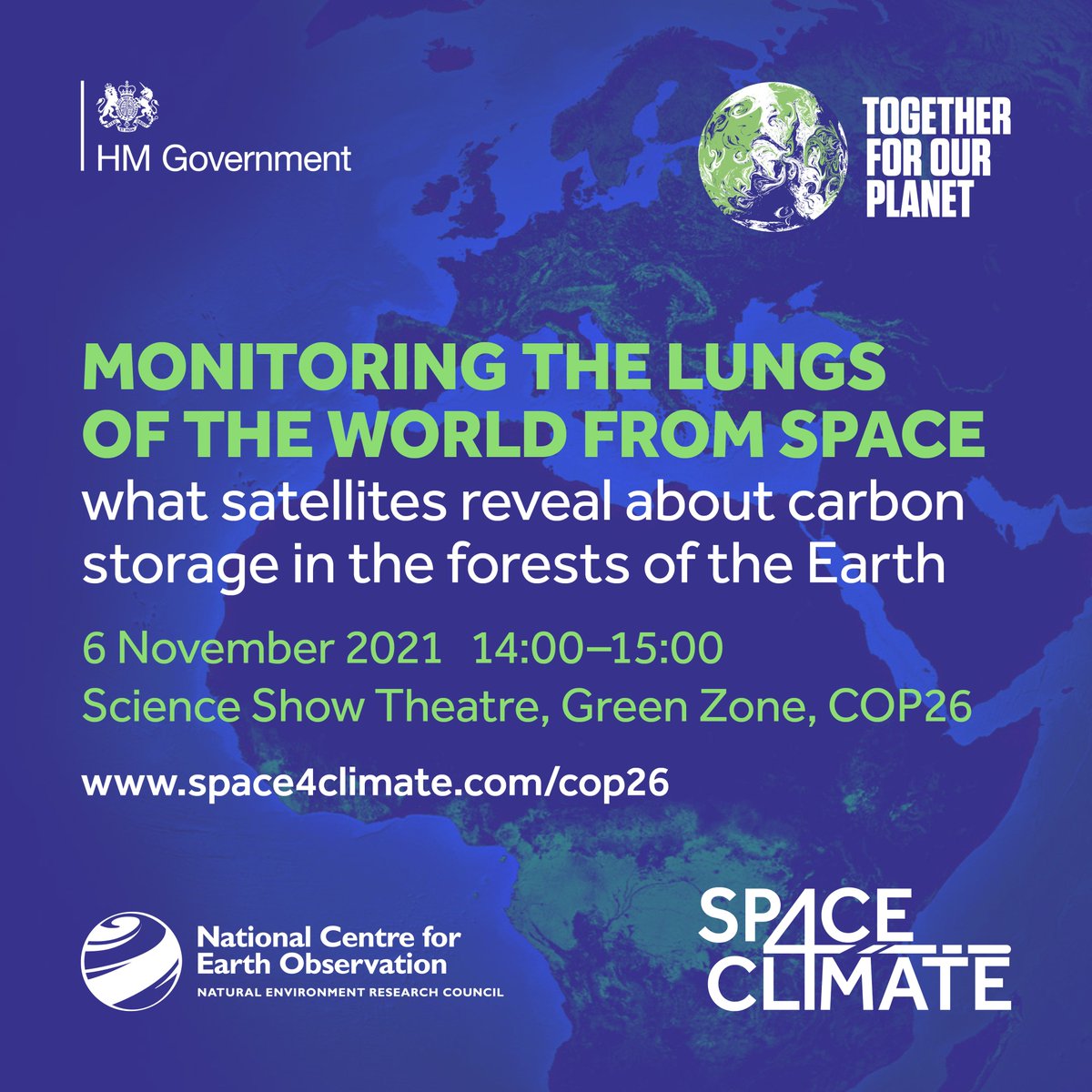 We are excited to be contributing to #COP26 in Glasgow next month. Join us for 'Monitoring the lungs of the world from space – what satellites reveal about carbon storage in the forests of the Earth'. 
Tickets available via <a href="/COP26/">COP26</a> website on 11 October. 🌍 <a href="/gsc1/">Glasgow Science Centre</a>