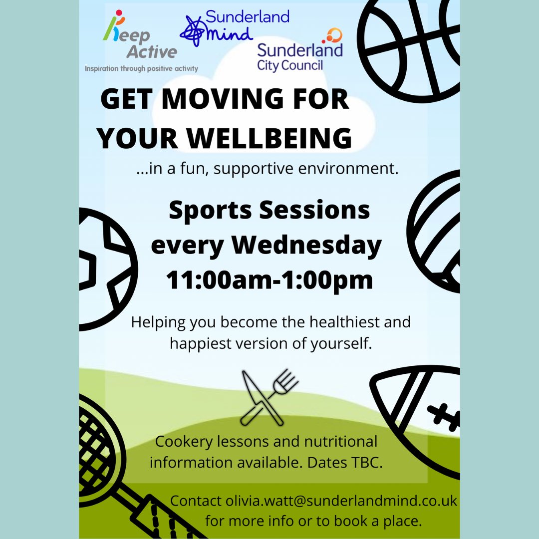 SunderlandMind's tweet image. ‘Get Moving for Your Wellbeing’ is a new project we are working on in partnership with @keepactivene, to get you active and moving more. We are offering free sports sessions suitable for all abilities. (1/3)