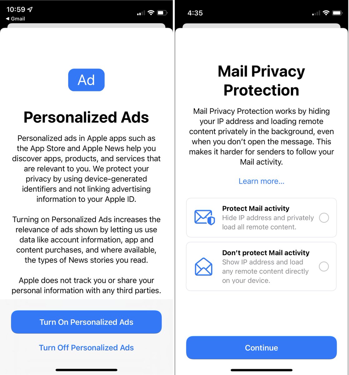 chadswhite's tweet photo. The contrast is striking between how Apple pitches tracking for the ads that they sell and the tracking #emailgeeks do to send relevant messages to their subscribers. They connect tracking to relevance twice in Personalized Ad opt-in. Zero mentions in their MPP language. https://t.co/cZdYPrxiRu