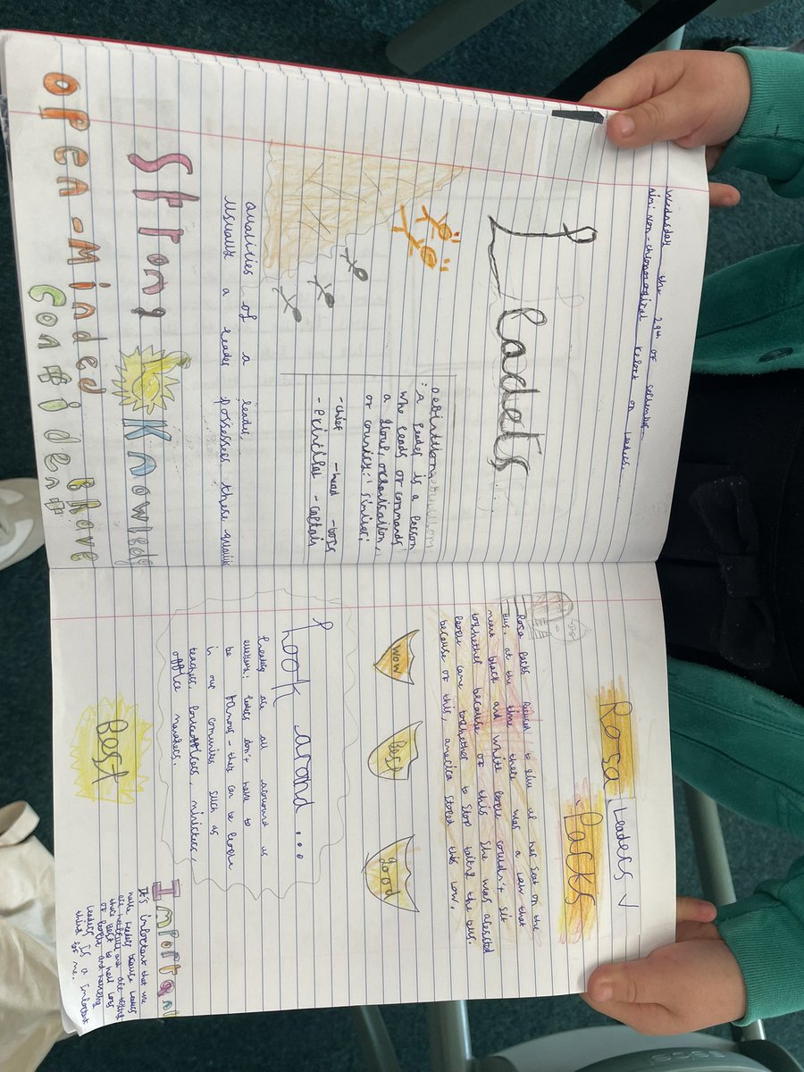 MissGwynPYP's tweet photo. Pawb wedi mwynhau bod yn greadigol yn ein gwersi Saesneg wythnos yma! Lovely 2 page spreads on Leaders these week in our English lessons 😍 https://t.co/Hap7G5CPif