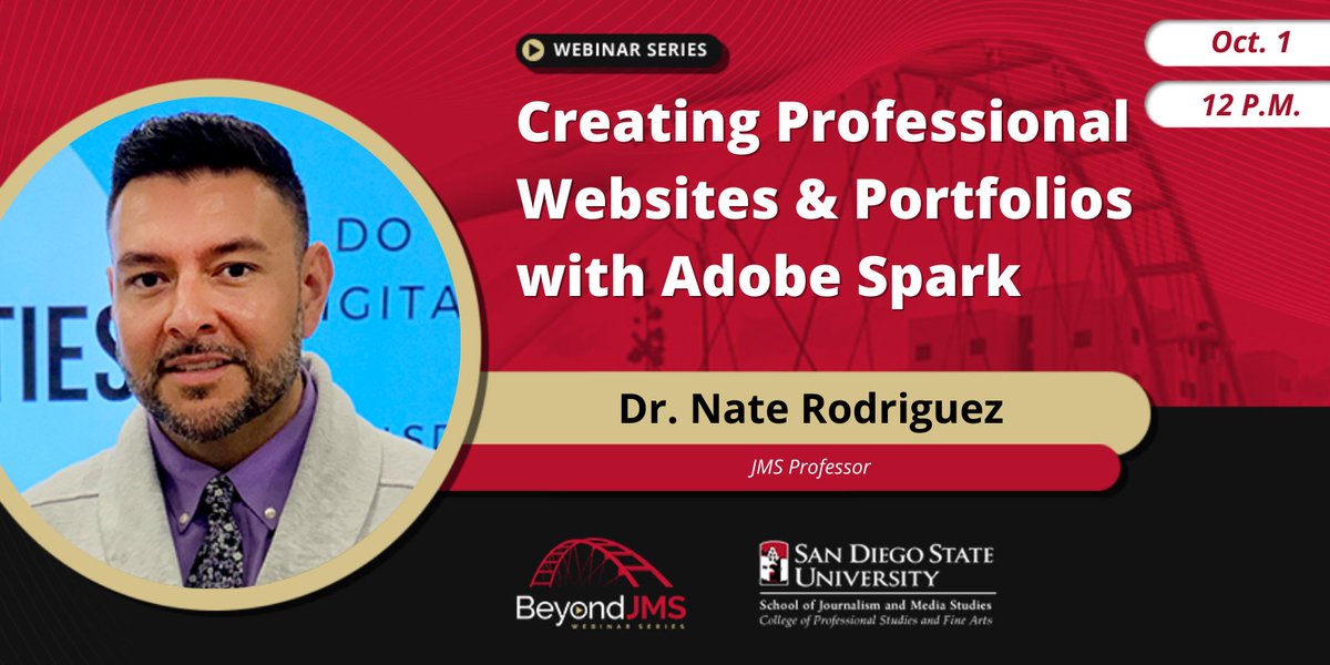 TempleNorthup's tweet photo. Today at 12PM PST: the next @SDSU_JMS #BeyondJMS webinar with @DrNateRodriguez. He'll be talking all about @AdobeSpark and showing off all the amazing things it can help you create. Register for free right now: https://t.co/CCv0899Pue https://t.co/6btjFa6XMU