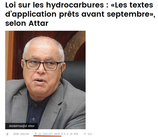 ONAPNT's tweet photo. Loi sur les hydrocarbures adoptée en novembre 2019, «Les textes d’application ont été promis en septembre 2020 par l'ex ministre Attar, à ce jour rien, la vache à lait de l'Algérie en plein crise économique sans textes d'application depuis presque 2 ans. Rien ne presse !
#ONAPNT https://t.co/mrf031o06w