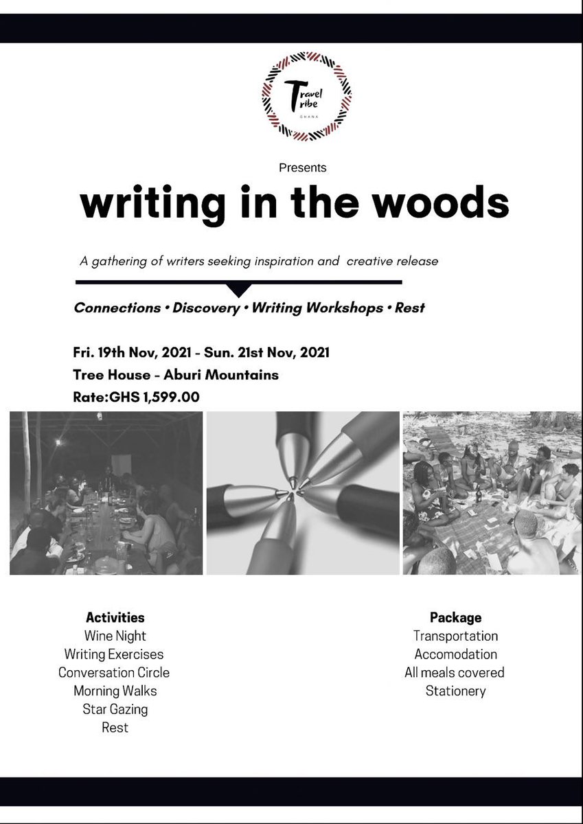 Hello people! This November, <a href="/traveltribegh/">Travel Tribe Ghana</a> is organising a retreat in Aburi! The retreat is for people who find writing cathartic or are looking for inspiration. I will be the facilitator on the trip. There're slots available. DM me or @sadufutse if you're interested.