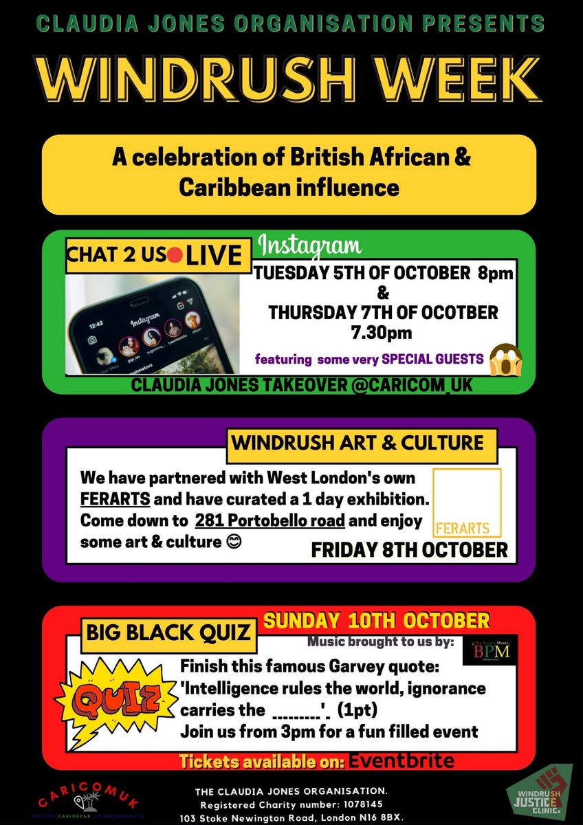 ClaudiaJonesOrg's tweet photo. Today marks the start of #BlackHistoryMonth2021 

Don’t forget to sign up to our exciting events &amp; activities during our first ever #WindrushWeek.

We’re running workshops, a quiz, &amp; an art exhibition and lots more!

Email windrushcoordinator@claudiajones.org

Don’t miss out! https://t.co/tcTQ2hOIH1