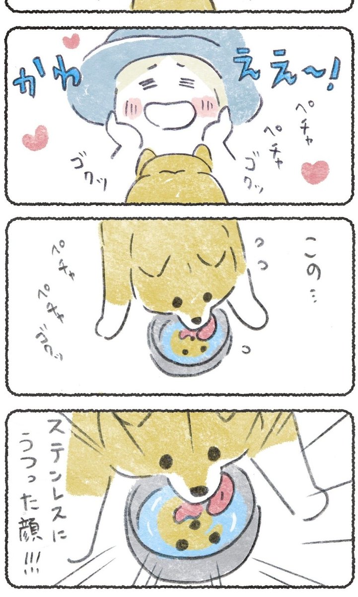 (3)「お水のも♪」
飼い主が大好きな、水飲み皿にうつった顔がかわいい時のイラスト
この顔たまらん・・・ 