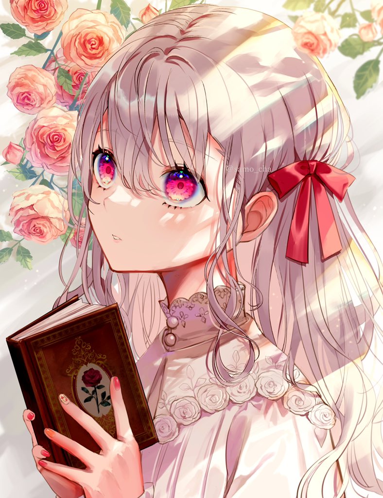 1girl book solo holding holding book flower long hair  illustration images