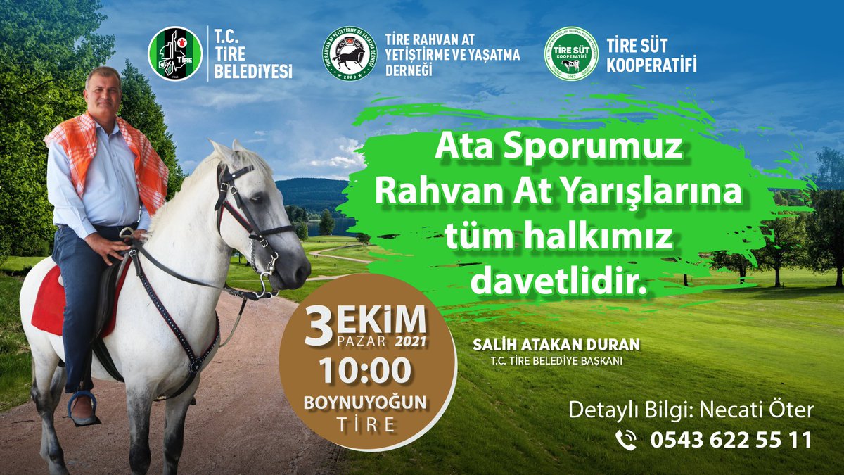 tctirebelediye's tweet photo. Tire Rahvan At Yetiştirme ve Yaşatma Derneği ile birlikte #3Ekim2021 Pazar günü Boynuyoğun Köyü'nde düzenleyeceğimiz Ata Sporumuz #RahvanAt Yarışlarına tüm halkımız davetlidir. https://t.co/E76huu594D
