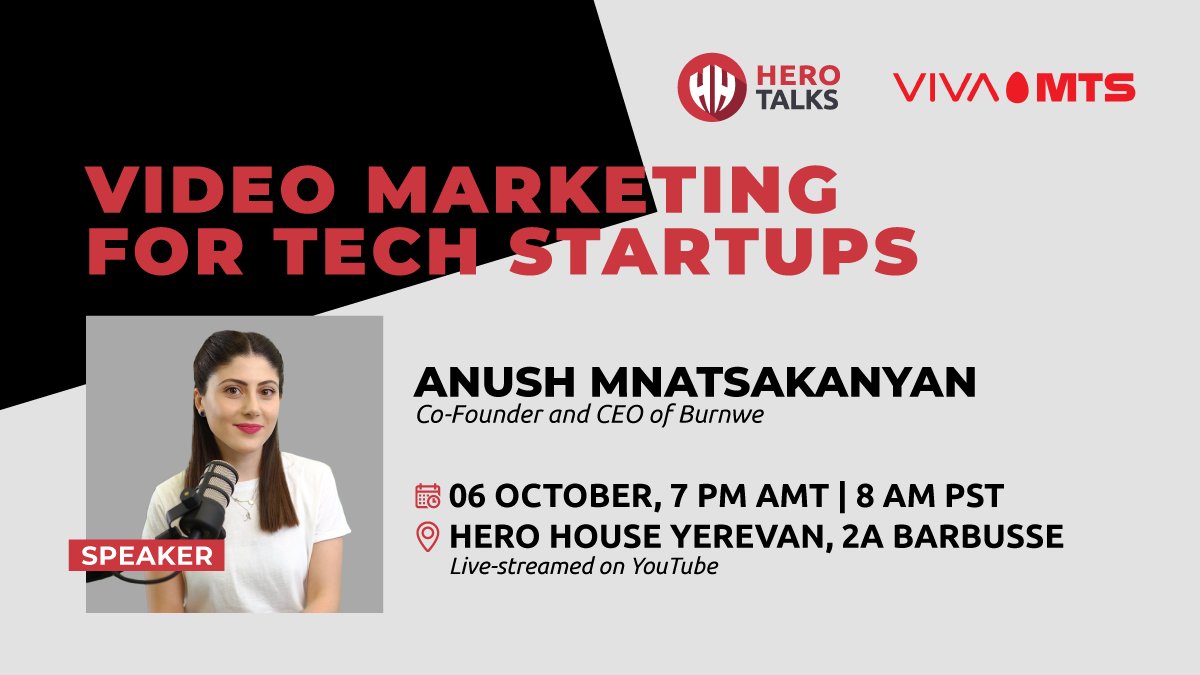 HeroHouseio's tweet photo. Join us at Hero House Yerevan on October 6 at 7 PM AMT | 8 AM PST to learn the basics of Video Marketing for Tech Startups from @anushfromburnwe, an industry expert.
Pre-resigtration is mandatory 👉 https://t.co/IrZUnpq3XP
#HeroHouse #HeroTalk #VideoMarketing https://t.co/Cq35YPNyea