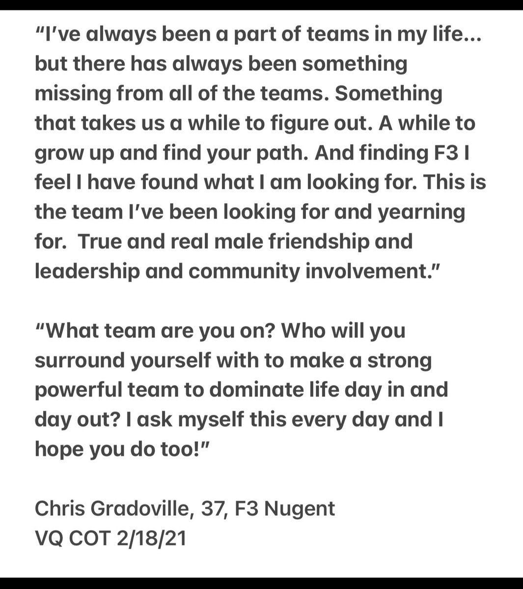 35 from <a href="/f3omaha/">F3Omaha</a> repeated the workout and words from the VQ of <a href="/chrisgradoville/">Chris Gradoville</a> <a href="/CombineF3/">F3 The Combine</a> this morning. We love you Graddy! You will be missed but never forgotten. Read his words about <a href="/f3nation/">F3</a> from his VQ COT. 

Grateful that we will forever get to call you our teammate.