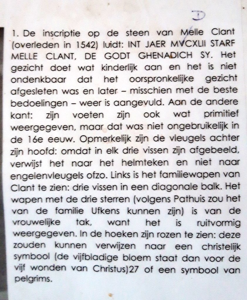 GertvdKroef's tweet photo. In de #Nicolaikerk #Appingedam staat een grafsteen van #Melle #Clant overleden 1542. Over deze Melle is maar weinig bekend. (Tekstbordje staat naast de steen) https://t.co/opXJYZyO4L