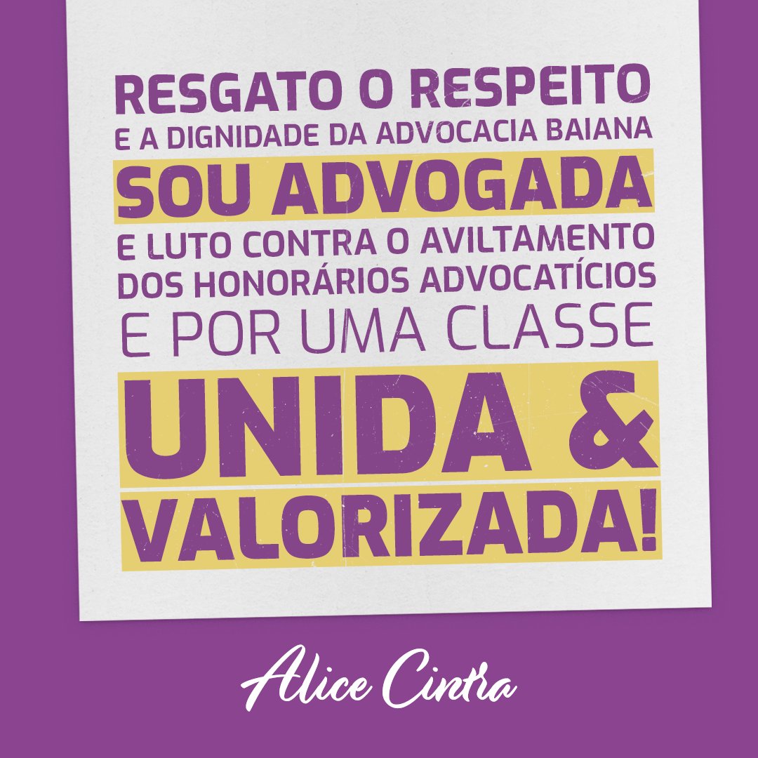 AliceCintra_adv's tweet photo. É preciso força e coragem para poder enfrentar os problemas e resgatar o reconhecimento que a OAB precisa ter dentro da própria classe de advogados e da sociedade como um todo.
Vamos juntos nessa empreitada?
#OABBA #AliceCintra #AdvocaciaUnidaeValorizada https://t.co/kG94rrWECT