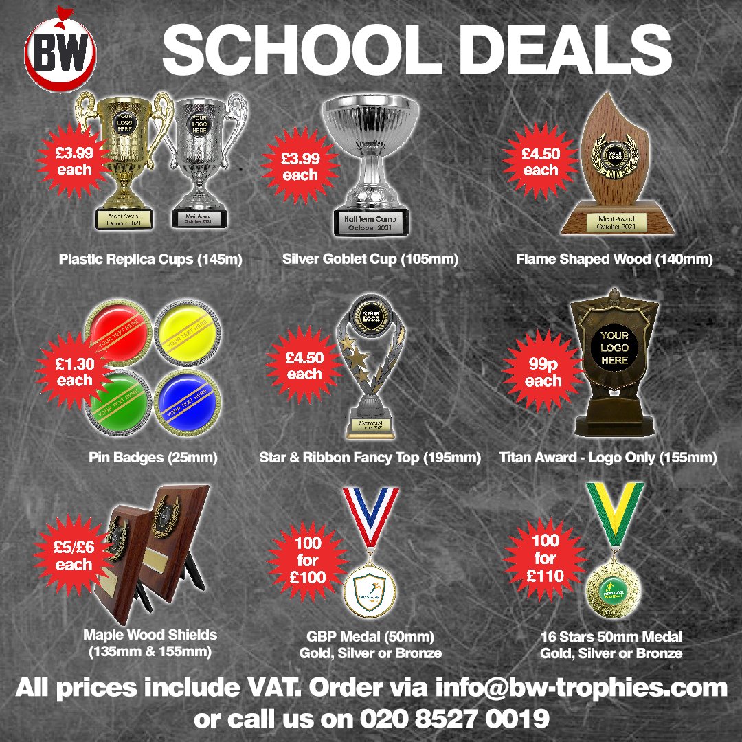 Check out our latest deals for schools and grab them at these great prices while stocks last!

#medals #trophies #awards #BackToSchool #schooldeals #bargains #badges #cups #shields