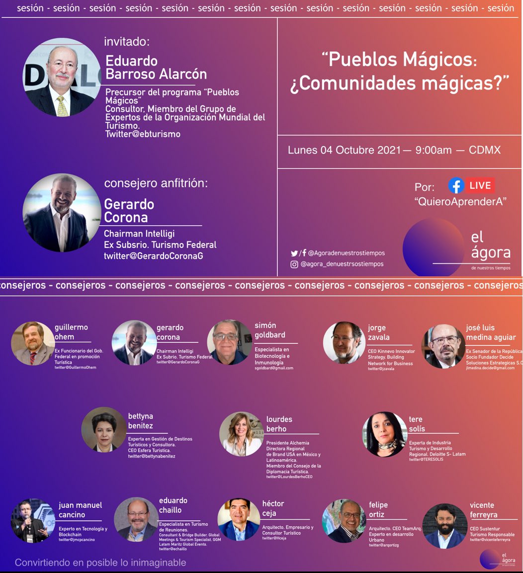 Agoradenuestro1's tweet photo. #PueblosMágicos #comunidades #magicas? Los esperamos #Lunes 04 #Octubre2021 9:00 hr #cdmx #FacebookLive por @quieroaprendera #invitado #EduardoBarroso @ebturismo #consejero #anfitrion @GerardoCoronaG @bettynabenitez @echaillo @LourdesBerhoCEO @TERESOLIS @vicenteferreyra @HCeja https://t.co/3TySeSU3ft