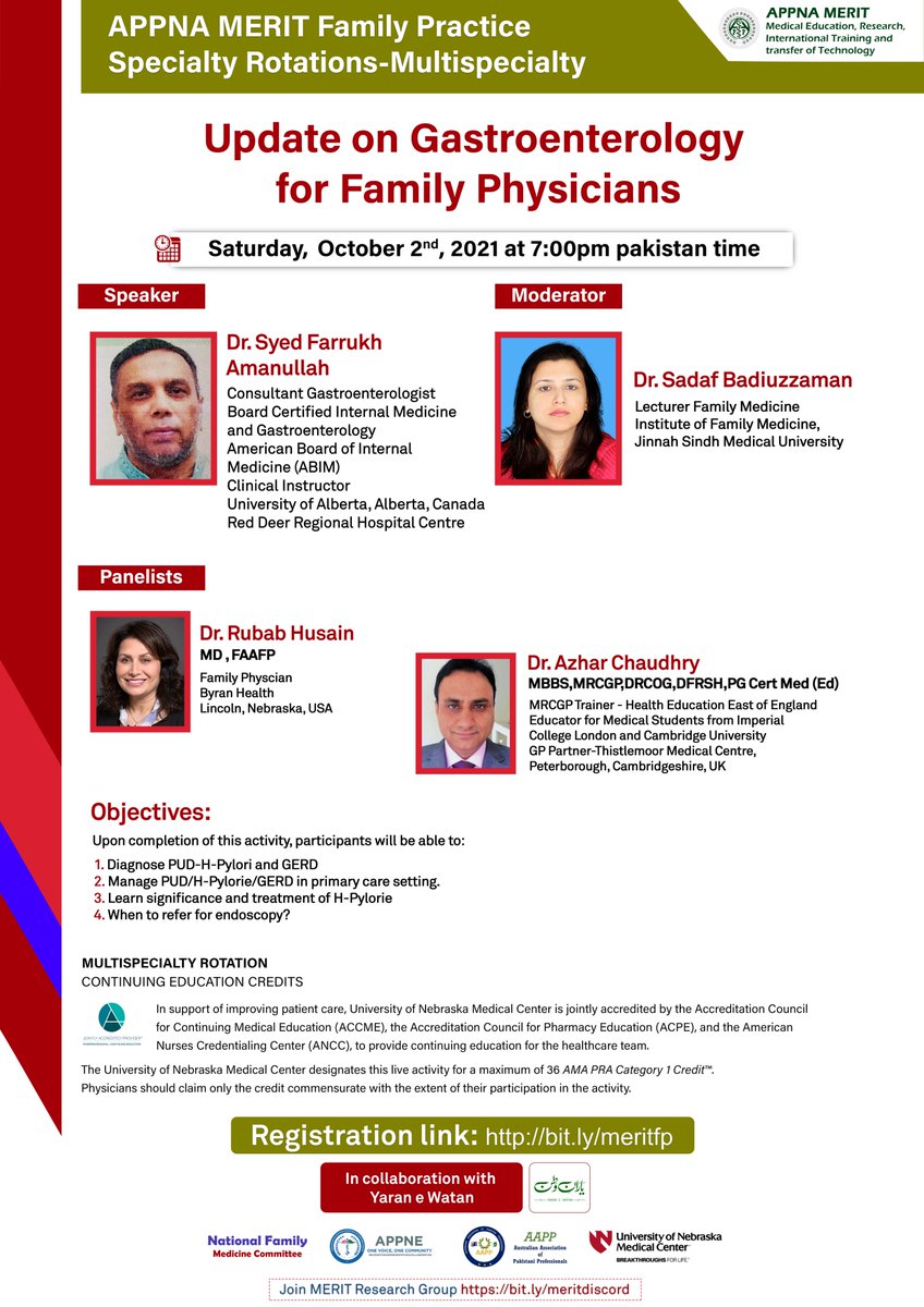 YaranWatan's tweet photo. 🟥 APPNA MERIT WEBINAR!
APPNA MERIT FP Specialty Multispeciality Rotations
Topic: Update on Gastroenterology for Family Physicians
📕Saturday, 2nd October 2021
🕖7:00 PM Pakistan Standard Time
Registration Link for MERIT FP rotations:  https://t.co/uVx44nUbbN https://t.co/F4hbY3lLDM