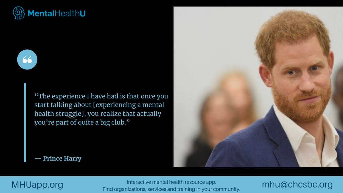 CHCSFoundation's tweet photo. “The experience I have had is that once you start talking about [experiencing a mental health struggle], you realize that actually, you’re part of quite a big club.” 
-Prince Harry
#MHUAPP #PrinceHarry #MentalHealth https://t.co/8ieW7BSMSh