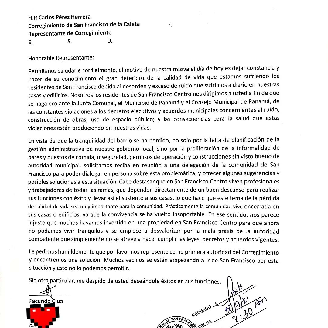 Ayer, en representación de vecinos de SF Centro, entregamos nota a la <a href="/jcsanfrancisco_/">JC San Francisco</a> con más de 100 firmas de respaldo para solicitar reunión con <a href="/C_PerezHerrera/">Carlos Pérez Herrera</a> y tratar el tema de ruido, desorden, violaciones a decretos y acuerdos municipales q acaban nuestra calidad de vida