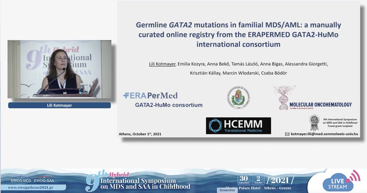 CsabaBdr1's tweet photo. Lili Kotmayer from our lab presenting her data on the GATA2 database generated in the framework of the GATA2HuMo consortium in Athens at the EWOG-MDS meeting. It will be online soon. Well done, Lili! @LKotmayer, @drkallay https://t.co/qaZXIE31LI