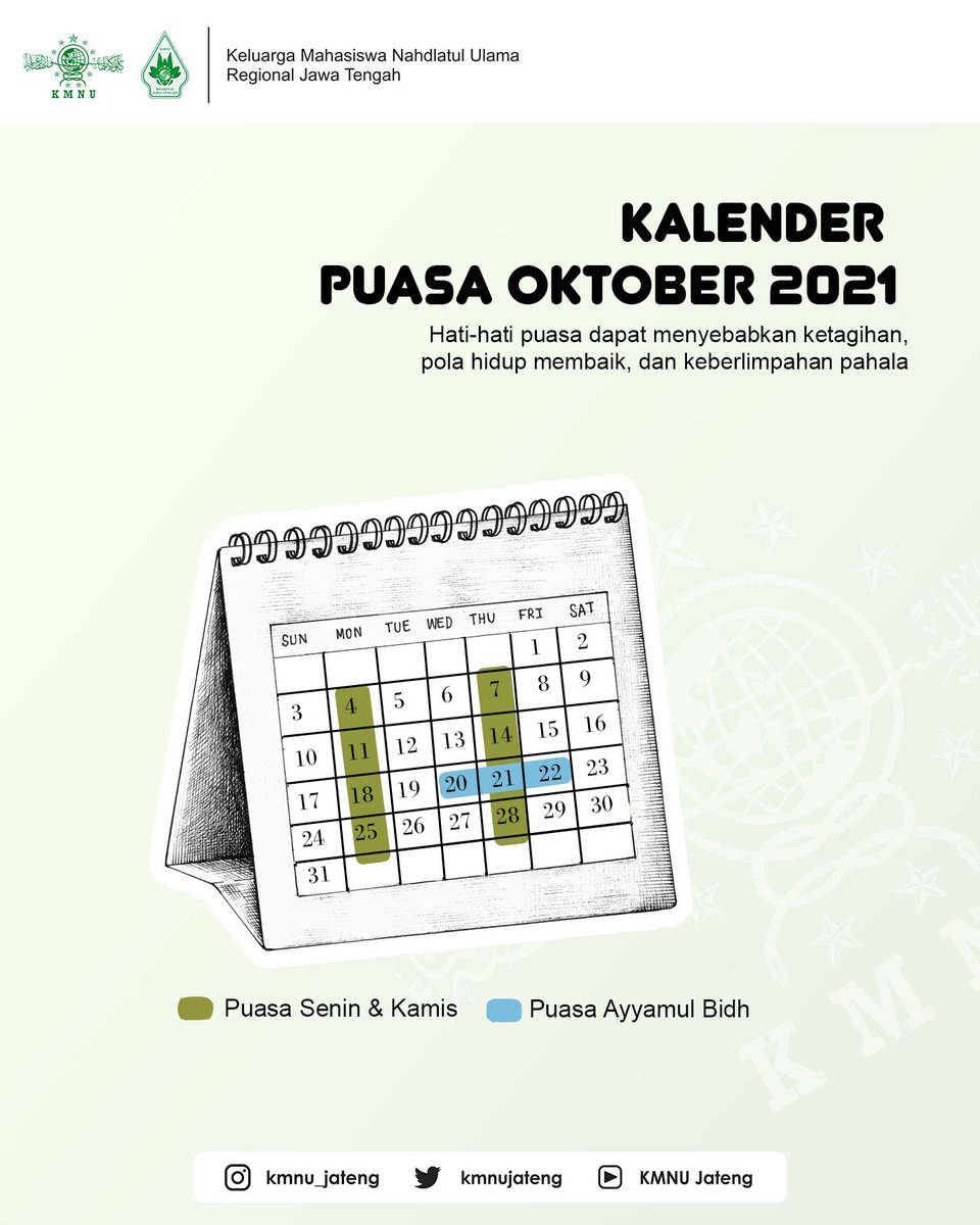 kmnujateng's tweet photo. 🌺 [ KALENDER PUASA ] 🌺
.
Assalamualaikum wr wb
Kali ini, KMNU Jateng akan berbagi jadwal puasa Sunnah untuk bulan Oktober  nih😊 https://t.co/hGF4r4NAz6