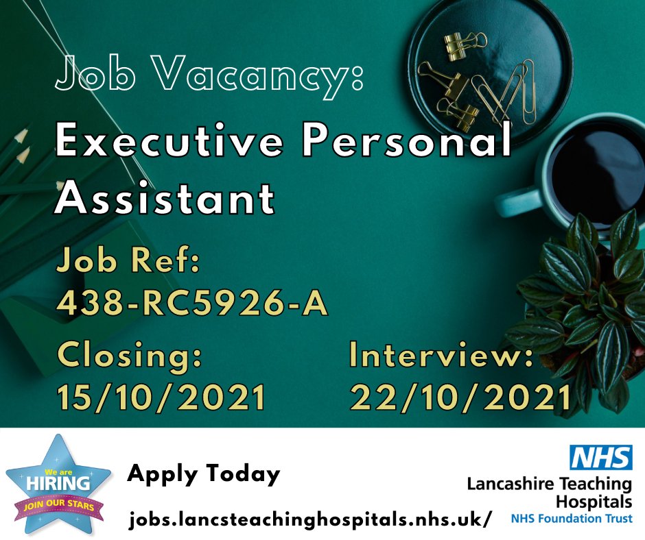 LancsHospJobs's tweet photo. 🆕 Job Vacancy: Executive Personal Assistant @LancsHospitals
⏰ Closing: 15/10/2021
Apply here: https://t.co/hxlgYGenyr
#ExecutivePA #PAJob #PA #PersonalAssistant #ECDL #RSAGradeIII #NHS #Admin #NHSJobs #Lancashire #Preston #Chorley #LancashireJobs https://t.co/Tiio6vRQ6s