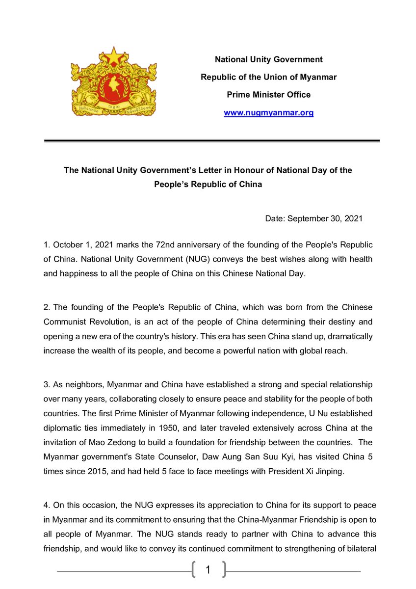 NUGMyanmar's tweet photo. The #NUGMyanmar’s letter in Honour of National Day of the People’s Republic of China
The #NUGMyanmar expresses its appreciation to China for its support to #PeaceInMyanmar and is ready to partner with #China to advance this friendship. https://t.co/6CTV9oNvJf