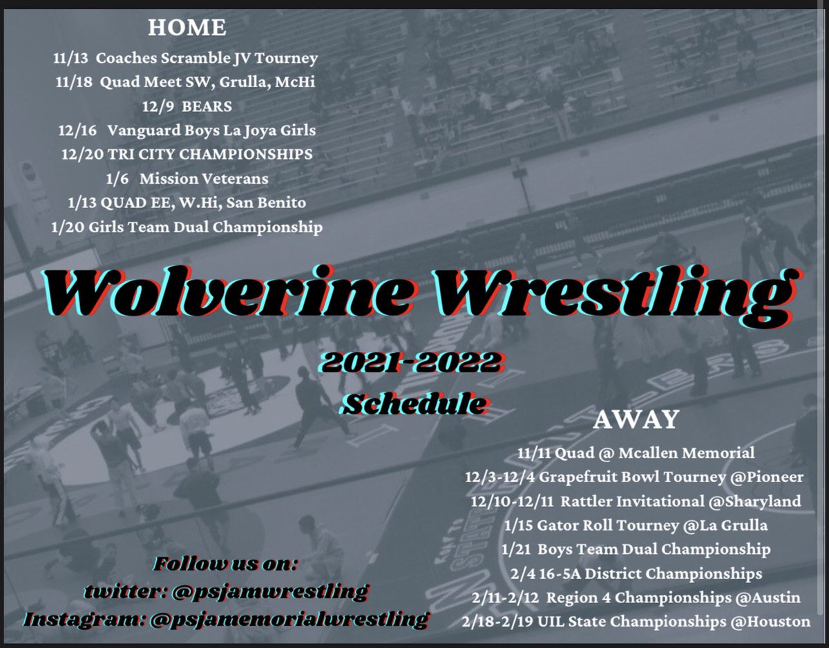PSJAMwrestling's tweet photo. Schedule is up, now the question is WHOS READY 
#psjaisd #psjamemorial #psjamemorialwrestling #VERINEpride #CBWC #txhswrestling #rgvwrestling #wrestlingtx #wrestlingtexas #956wrestling #wolverinewrestling #wrestling #loswolverines #iGRAPPLE #UIL #UILwrestling #UILstate https://t.co/zczzNh9r8Q