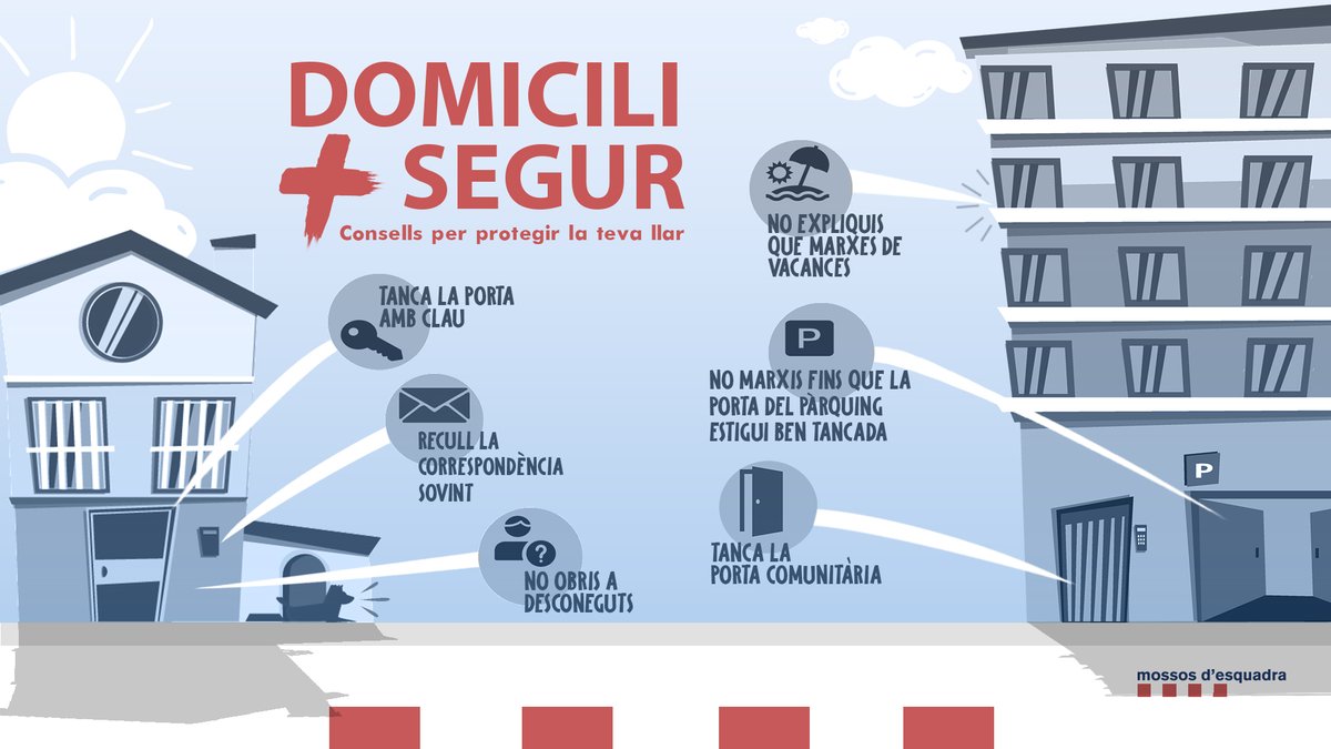 AjSCFarners's tweet photo. 📢Us fem arribar tot un seguit de consells i recomanacions de l'#ABP de la #SelvaInterior dels @mossos per protegir la vostra llar davant possibles robatoris.
Feu del vostre domicili un lloc segur seguint les indicacions de la infografia adjunta.

#SCFarners #Seguretat https://t.co/Zja7xuLChL