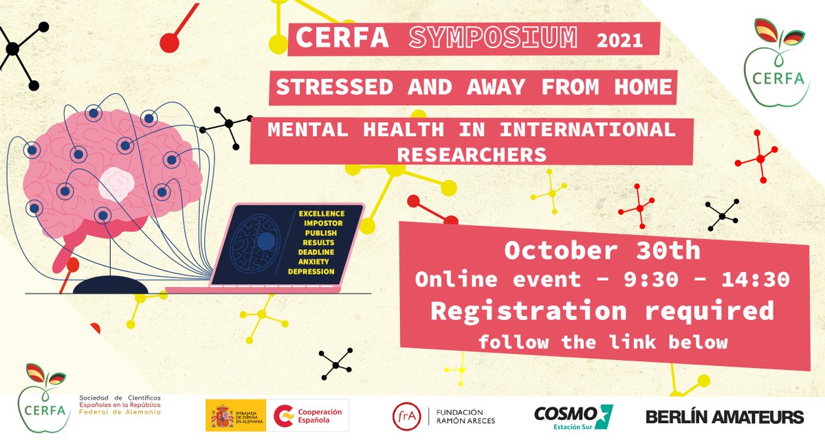 Join us in CERFA Symposium 2021, talking about mental health in research. Research is just too good to lose capable scientists because of avoidable problems!
Register here: eventbrite.de/e/cerfa-sympos… 
#CERFAcares 
<a href="/helmholtz_de/">Helmholtz</a>  <a href="/maxplanckphdnet/">Max Planck PhDnet</a> <a href="/raicex_es/">RAICEX</a>  <a href="/Leibniz_PhD_Net/">Leibniz PhD Network</a>