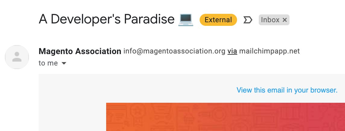 aronstanic's tweet photo. Hey @MagentoAssoc, was this email subject line just an attempt to get the open rate up? 

Because I haven't seen anything #DevParadise related inside the actual email...🤔🙃 https://t.co/mkzrA43I37