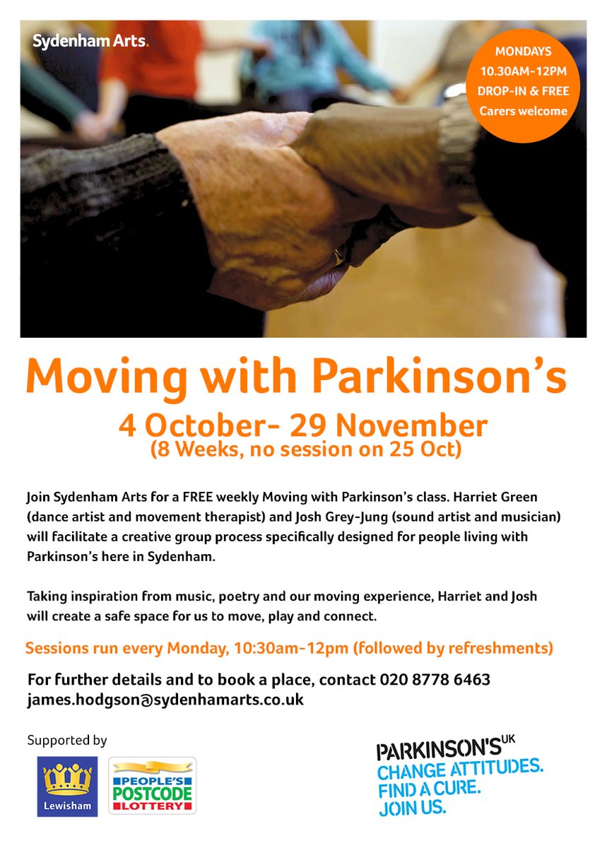 Thrilled to be starting our new term of 
<a href="/MovingwithPark1/">@MovingwithParkinson's</a>
 on 4TH OCT with 
<a href="/SydArts_/">Sydenham Arts</a>
FREE Creative movement sessions, specifically designed for people living with #Parkinsons. 
<a href="/ParkinsonsUK/">Parkinson's UK</a>
<a href="/CureParkinsonsT/">Cure Parkinson's</a>
<a href="/ParkinsonDotOrg/">Parkinson's Foundation</a>
@tealedanielle
<a href="/LewishamCouncil/">Lewisham Council</a>