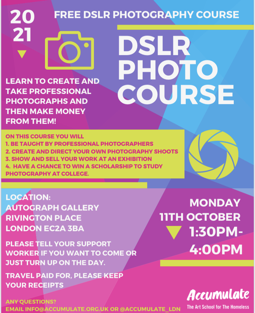 So looking forward to our brand new Art &amp; Photography courses beginning this October taking place at <a href="/AutographABP/">Autograph</a> and <a href="/BarbicanCentre/">Barbican Centre</a> An opportunity to showcase and find empowerment through creativity. DM for more info. #artschoolforthehomeless