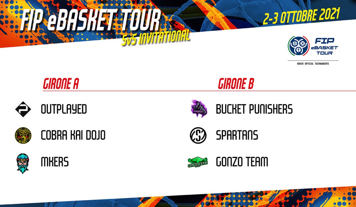 🎮🏀 FIP eBasket Tour

6 fra i migliori team italiani di #NBA2K22 saranno protagonisti dell'Invitational 5v5 di questo weekend!

🗓️Il 2 ottobre Gironi e Semifinali

🗓️Il 3 ottobre la Finalissima BO3, con live 📺su Facebook #Italbasket dalle h18.00

Ready to play?💪🔥