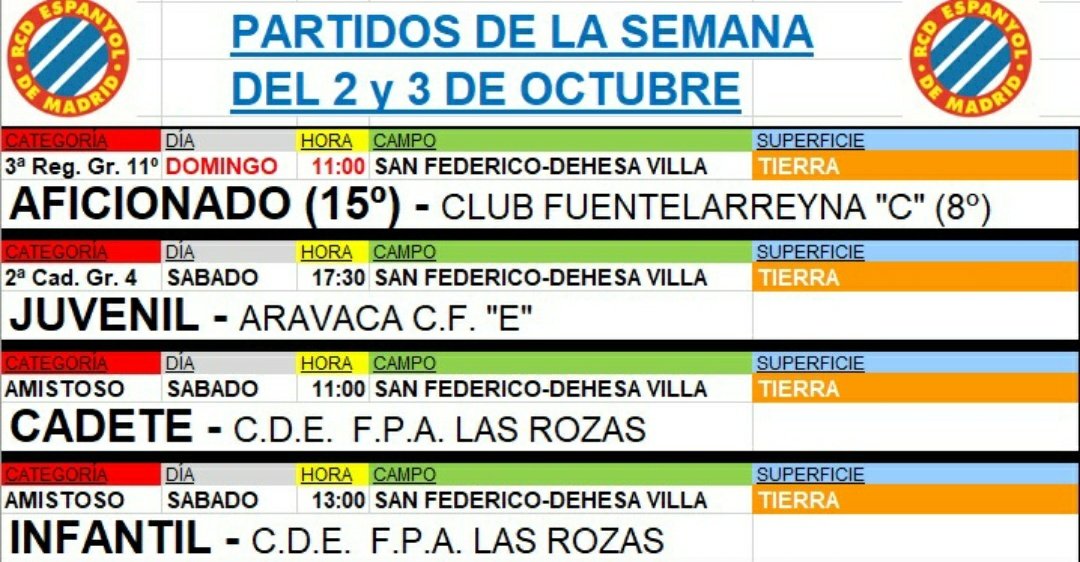 ¡Partidos del fin de semana! 
El Senior afronta la 3a jornada de liga recibiendo 🏘️ a <a href="/CFuentelarreyna/">Club Fuentelarreyna</a> .
Por su parte, el juvenil, disputará su 1er partido de liga 🆚 <a href="/AravacaCF_/">Aravaca C.F.</a> .
Cadete e infantil disputaran un amistoso, ambos 🆚 C.D.E F.P.A Las Rozas.
¡Mucha suerte! 🏟️