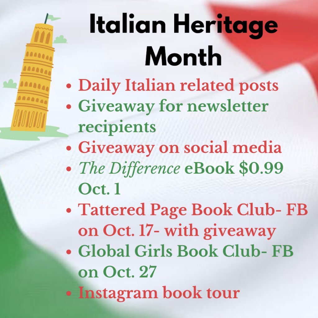 Happy Italian Heritage Month!! I’ll be posting again later today but wanted to share these pics immediately. ONLY TODAY you can get THE DIFFERENCE eBook version for $.99! Scoop it up on its first sale. Check out what else is coming this month. 🇮🇹🇮🇹🇮🇹

cdangeloauthor.com