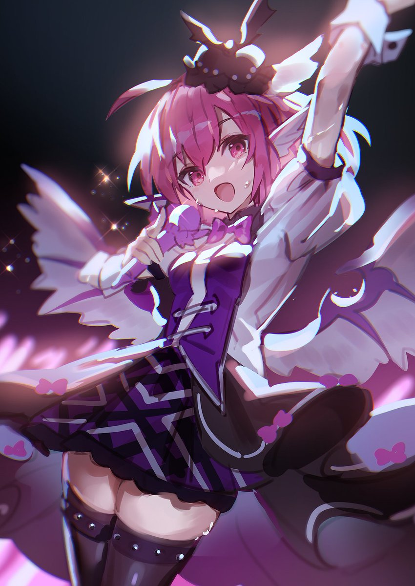 mystia lorelei 1girl solo pink hair thighhighs microphone wings holding microphone  illustration images