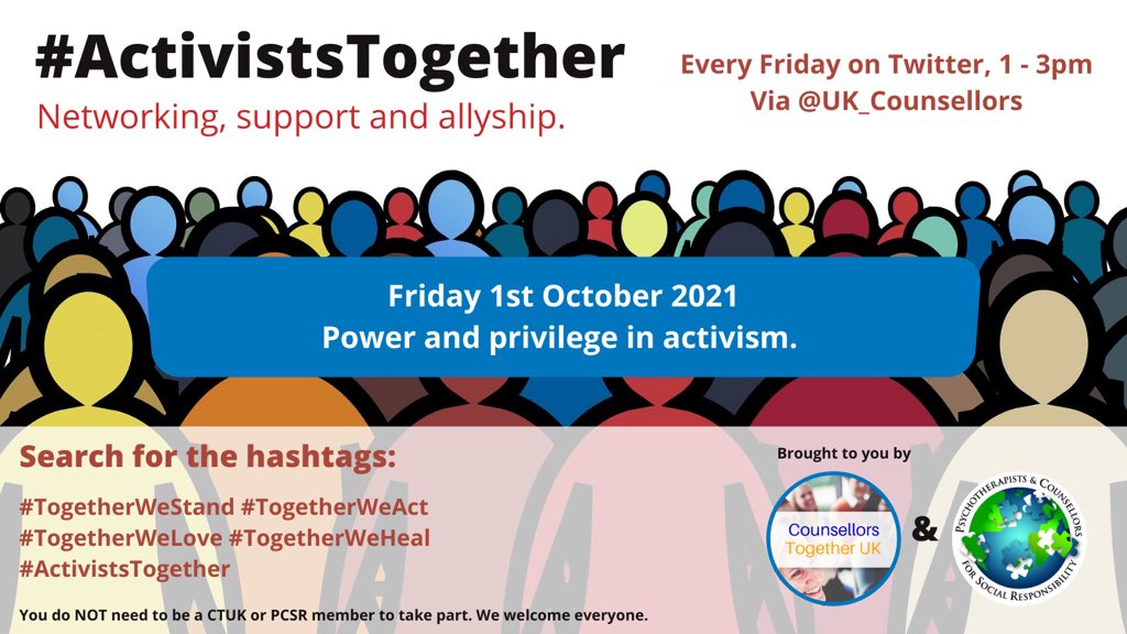 UK_Counsellors's tweet photo. Today we are talking about power and privilege in activism. Please feel free to comment as we go along and add #ActivistsTogether to your tweets.
1/ #TherapistsConnect @pcp_uk @PCSRuk @x_TaraS_x @Glennademeter https://t.co/uPMSwi43bq