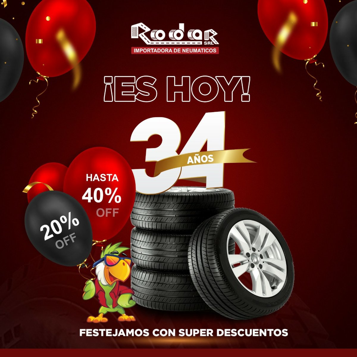 RodarSrl's tweet photo. ¡Es hoy! Cumplimos 34 años! 🎊🎉  por eso hoy festejamos con descuentos de hasta el 40% en todos nuestros productos 💥

Gracias a todos y cada uno de nuestros clientes, amigos y a todo el equipo de #Rodar por permitirnos seguir dejando huellas https://t.co/QFwiUfKK7N