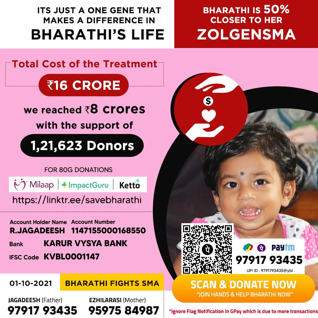 oviyashanthi's tweet photo. Reached half way mark with all your support! Let's support to reach the goal..
#SaveBharathi 
#donatetosavebharathi
#bharathifightssma https://t.co/ojfAjPkryB