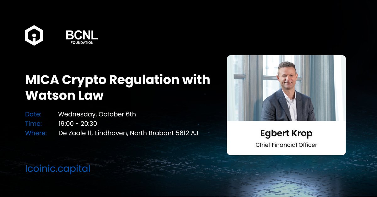Coinmerce Capital (@icoinic_nl) on Twitter photo Next week Wednesday, Egbert will be joining <a href="/WillemJanSmits/">Willem-Jan Smits | Watsonlaw.</a> and Bitcoin Meester at the MICA Crypto Regulation meetup organized by <a href="/BCNLfoundation/">BCNL Foundation (Blockchain Netherlands)</a> to discuss legislation for the crypto industry and the current state of the Dutch regulations. For more info: lnkd.in/d5GJzBa2 Next week Wednesday, Egbert will be joining <a href="/WillemJanSmits/">Willem-Jan Smits | Watsonlaw.</a> and Bitcoin Meester at the MICA Crypto Regulation meetup organized by <a href="/BCNLfoundation/">BCNL Foundation (Blockchain Netherlands)</a> to discuss legislation for the crypto industry and the current state of the Dutch regulations. For more info: lnkd.in/d5GJzBa2