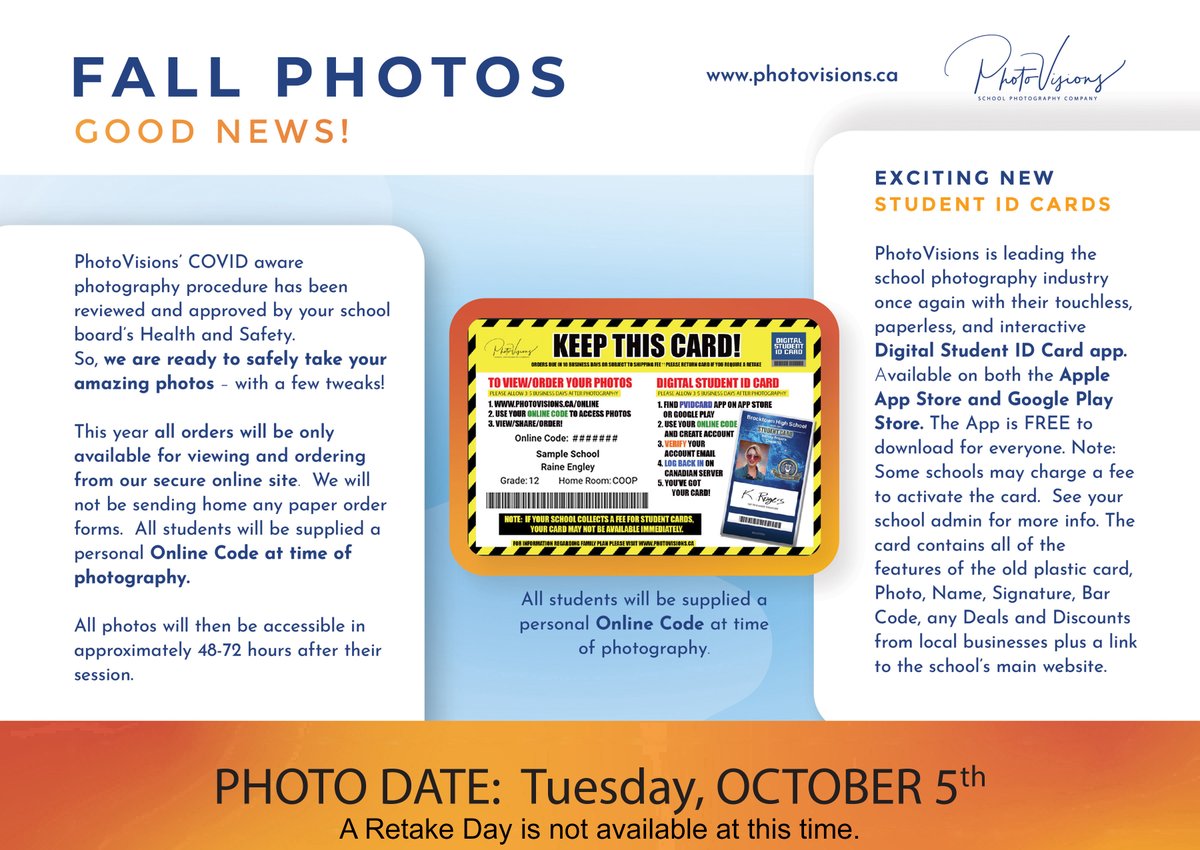 CPHSBears's tweet photo. Photo days at CPHS are on Oct. 5th and Oct. 8th. 
Parents! Please Note that there will be No Re-takes.
Students! Please check with your teachers about your scheduled times. https://t.co/mevGFQKnkS