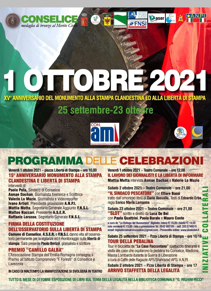 VicidominiRaf's tweet photo. Stamattina a Conselice a celebrare il 15° anniversario del monumento alla stampa clandestina. Importante la costituzione dell'Osservatorio sulla libertà di stampa, presieduto da @PBerizzi: "La libertà di stampa è la pietra angolare di tutte le libertà" #1ottobre https://t.co/zirzBMDo0Y